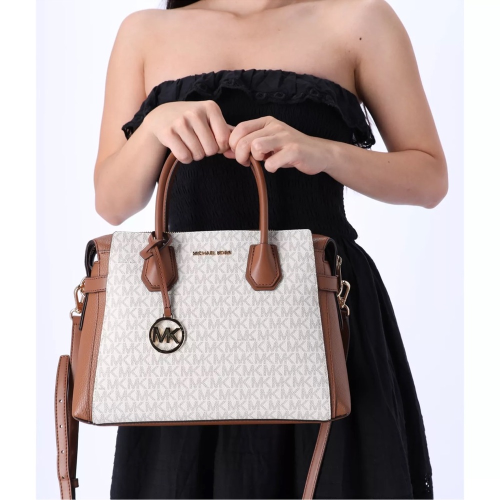 Michael Kors Mercer Medium Belted Satchel Crossbody Vanilla MK Signature